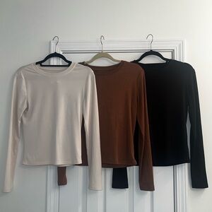 Amazon Bundle of 3 Ribbed Long-Sleeve Tees - Cream, Brown, Black - Size Large